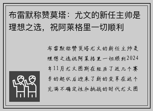 布雷默称赞莫塔：尤文的新任主帅是理想之选，祝阿莱格里一切顺利