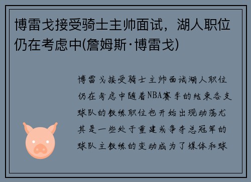 博雷戈接受骑士主帅面试，湖人职位仍在考虑中(詹姆斯·博雷戈)