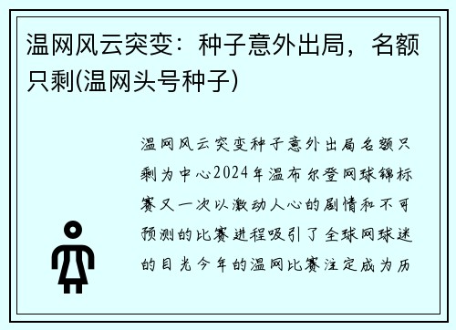 温网风云突变：种子意外出局，名额只剩(温网头号种子)