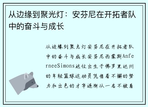 从边缘到聚光灯：安芬尼在开拓者队中的奋斗与成长