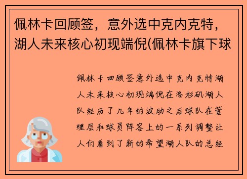 佩林卡回顾签，意外选中克内克特，湖人未来核心初现端倪(佩林卡旗下球员)