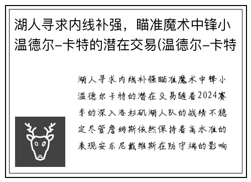 湖人寻求内线补强，瞄准魔术中锋小温德尔-卡特的潜在交易(温德尔-卡特集锦)