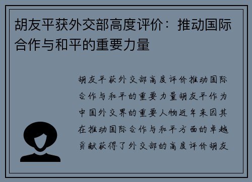 胡友平获外交部高度评价：推动国际合作与和平的重要力量